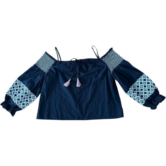 Rebecca Minkoff Off the Shoulder navy Embroidered smocked Peasant Top Boho XL - Picture 5 of 16